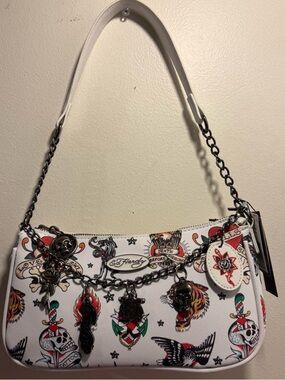 Ed Hardy Tattoo Print Shoulder Bag with gothic charms NEW RELEASE white